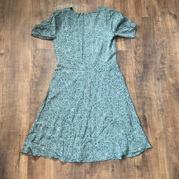 LOFT Green Floral Puff Sleeve Fit & Flare Midi Dress Size 0 Petite V-Neck - Picture 7 of 8